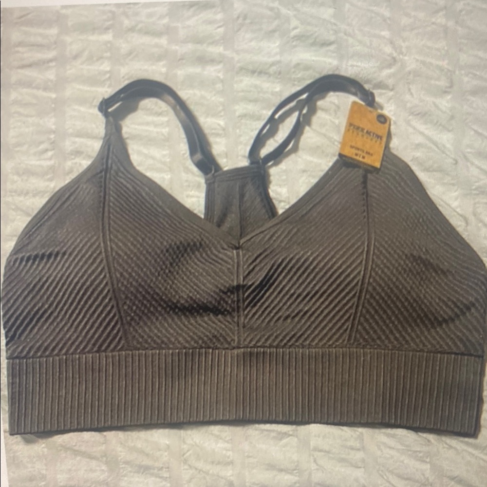 Free People Brown Sports Bra with Ribbed Texture and Wide Straps